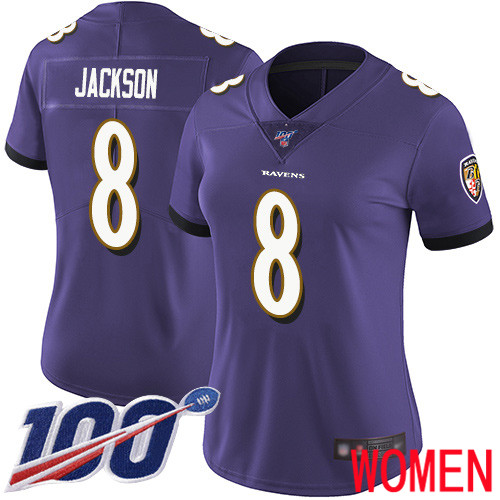 Baltimore Ravens Limited Purple Women Lamar Jackson Home Jersey NFL Football 8 100th Season Vapor Untouchable